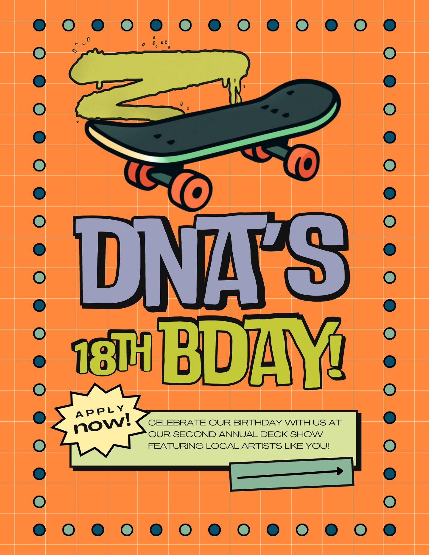 CALLING ALL LOCAL ARTISTS 🛹 🎨 The annual deck show is back 🥳 This show also marks DNA&rsquo;s 18th birthday so let&rsquo;s get this going!⁠
⁠
If you wish to be a part of this show, you can email us at art@dnagalleries.com with a link to your work 