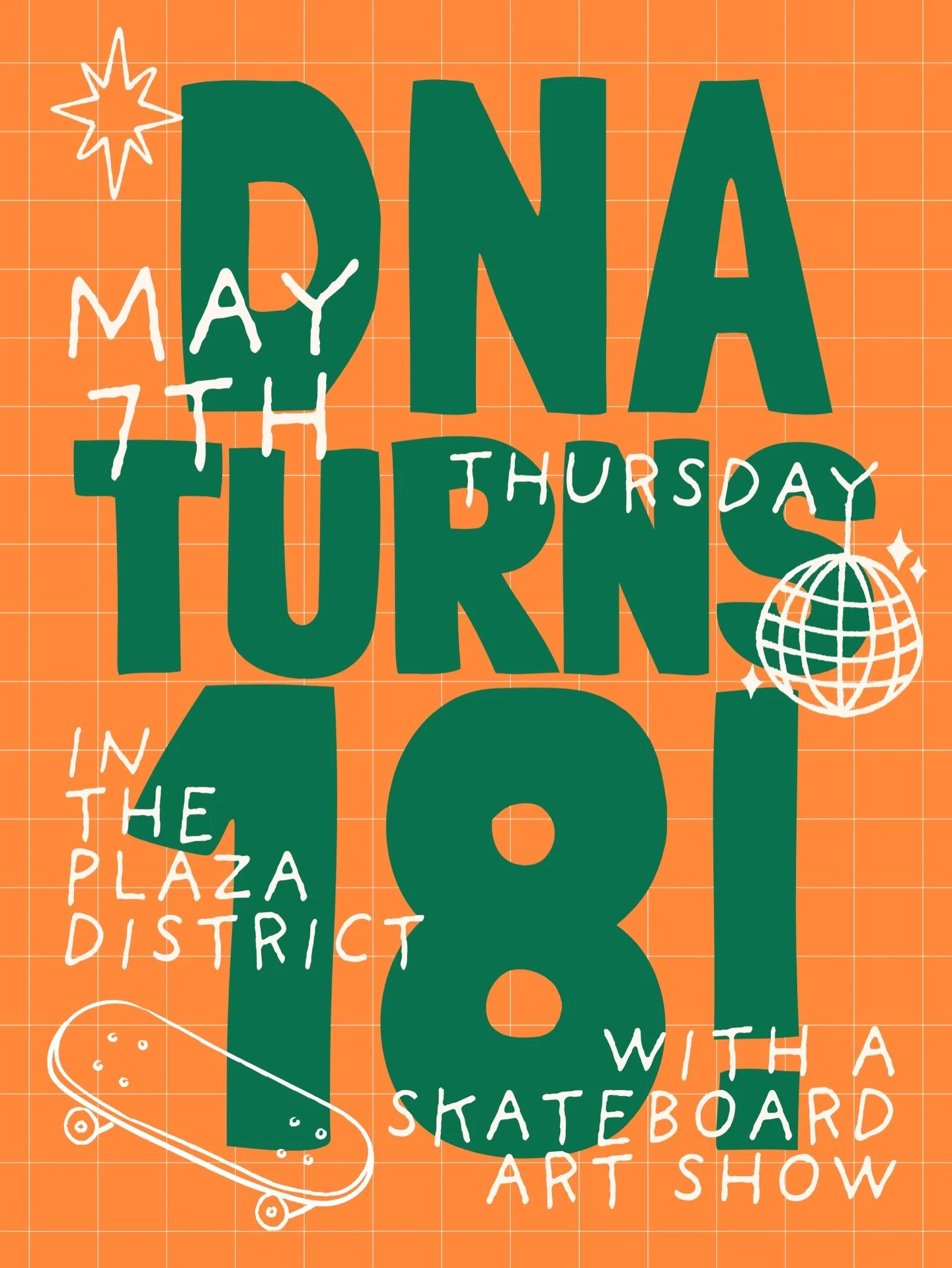 SAVE THE DATE ‼️🛹 DNA is turning 18 and we are ready to party with y&rsquo;all!⁠
⁠
⁠⭐️ May 7th from 6-9pm ⭐️⁠
⁠
Not only are we throwing a birthday party, but it&rsquo;s also an art show! 50 local artists were given a blank skateboard for them to do