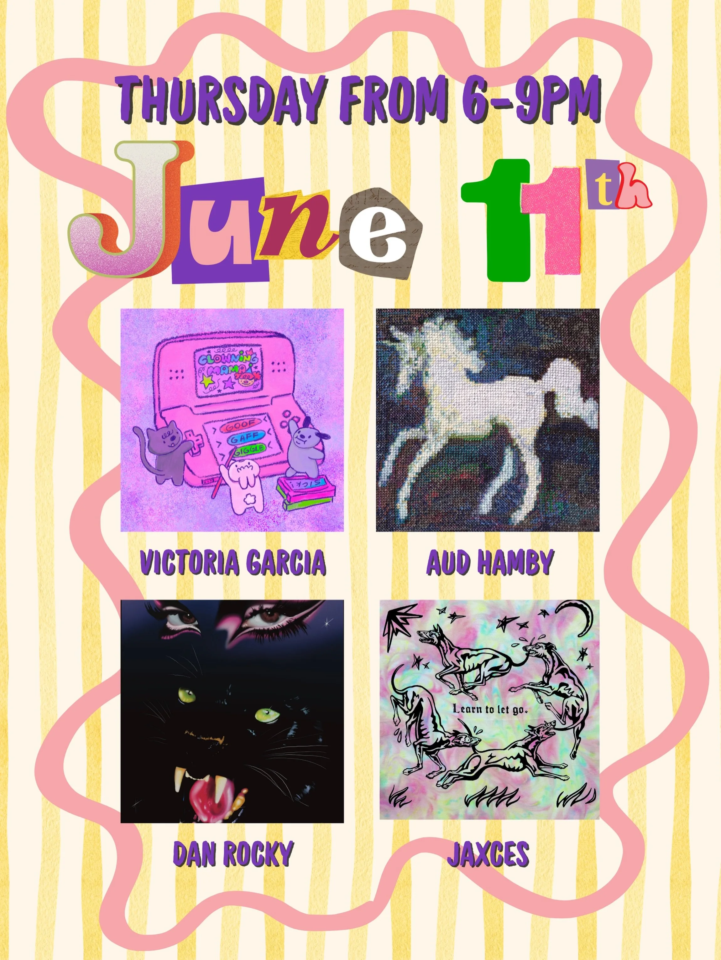 New month, new art show ✨️ ⁠We are beyond thrilled to announce our upcoming group exhibition featuring ⬇️⁠
⁠
Victoria Garcia @sickvicsick⁠
Aud Hamby @snotlobster⁠
Dan Rocky @danrockyy⁠
Jaxces @jaxces⁠
⁠
🌟 Please join us for opening night and the art
