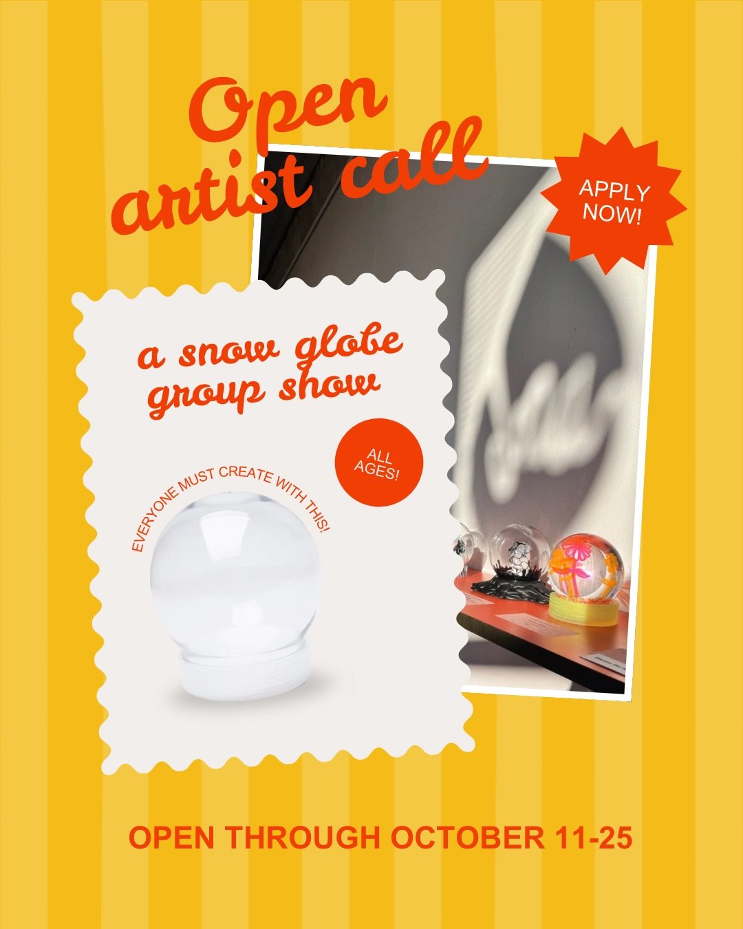 CALLING ALL OKLAHOMA LOCAL ARTISTS ☃️ 🎨 ⁠
⁠
Every December, we host a group show where we encourage artists to create with one supplied object. Last year we did lunch boxes. This year, SNOW GLOBES!⁠
⁠
All ages are encouraged to apply to this open ca