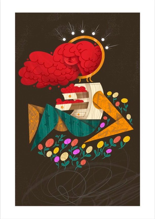 an art print of an illustrated woman sitting in flowers