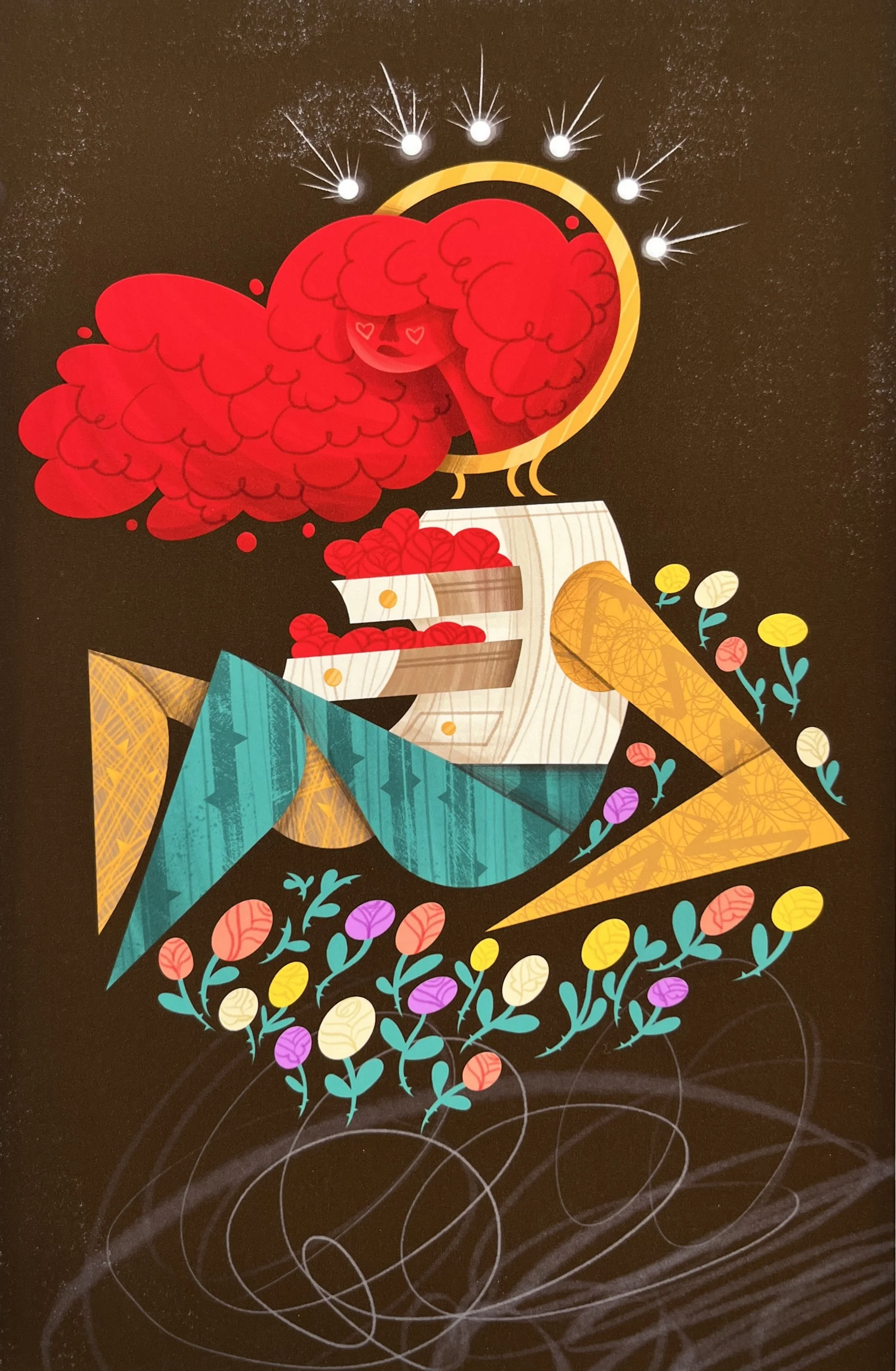 an art print of an illustrated woman sitting in flowers