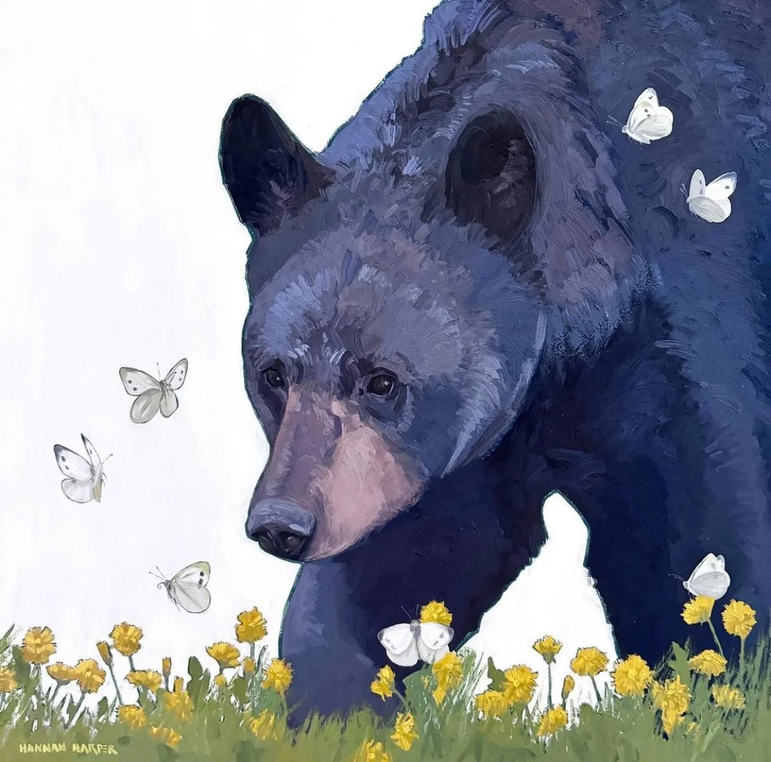 an art print of a bear walking in a flower field