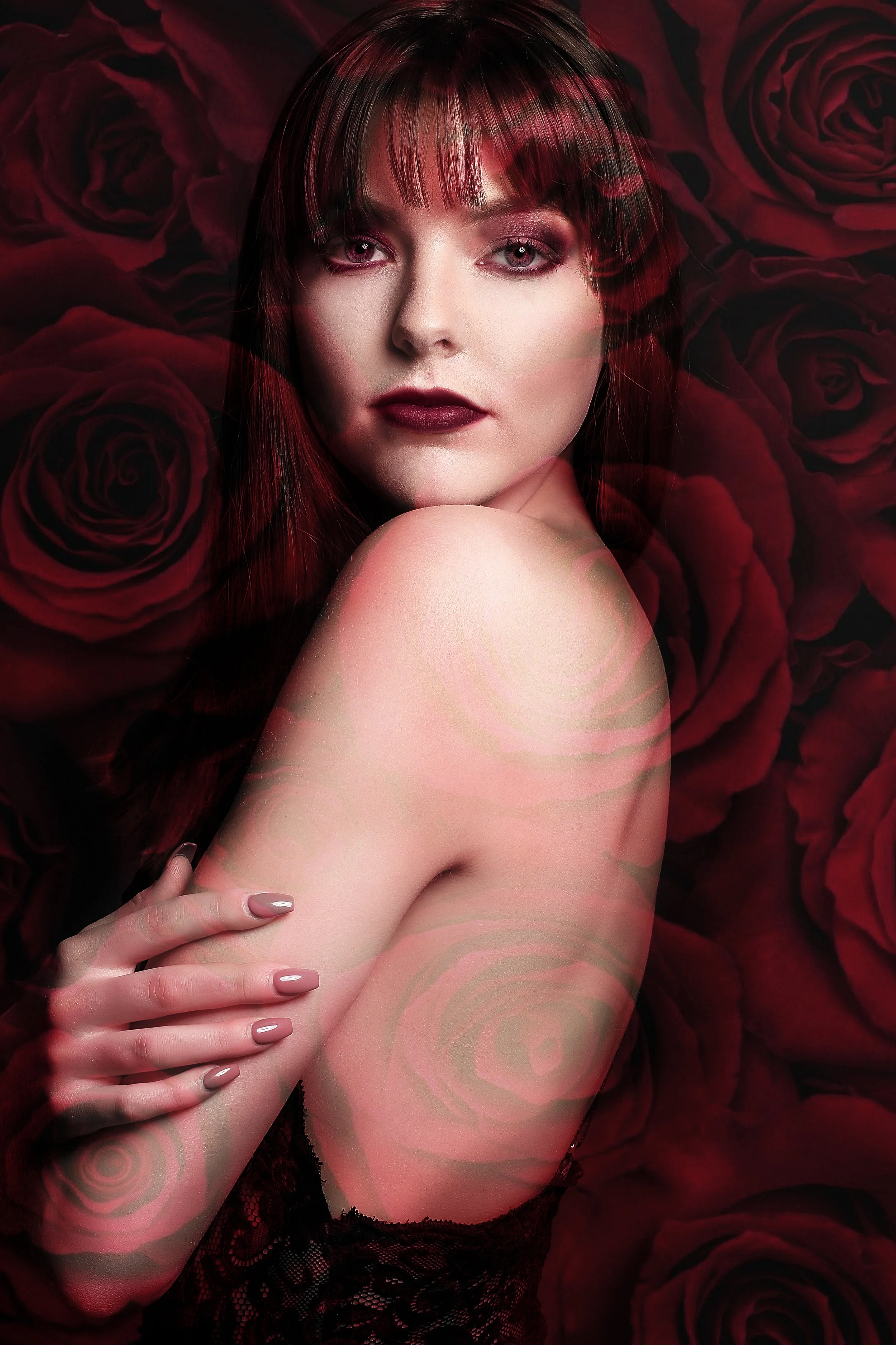 Fashion model in editorial photograph roses