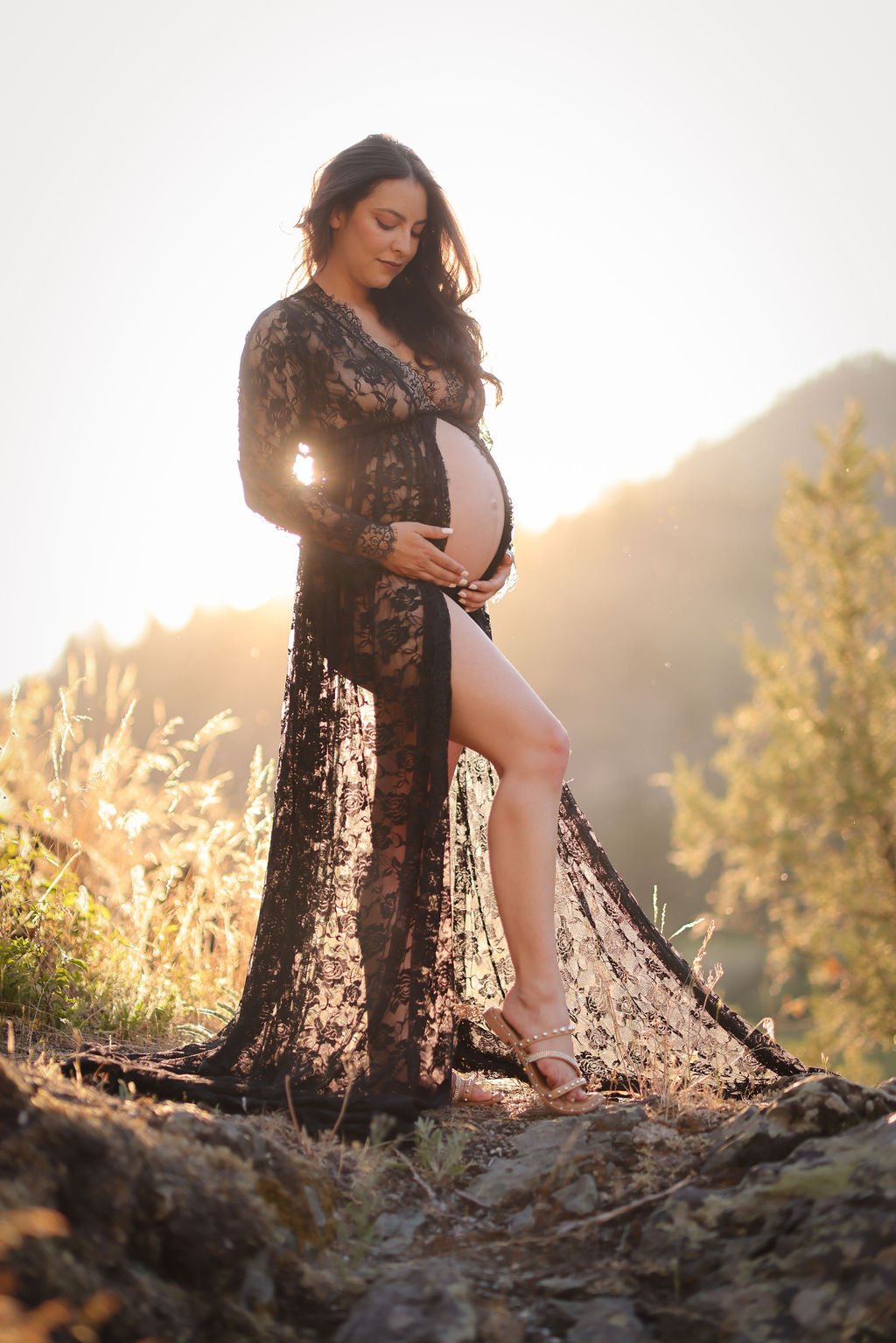 Black lace maternity gown at golden hour.jpg