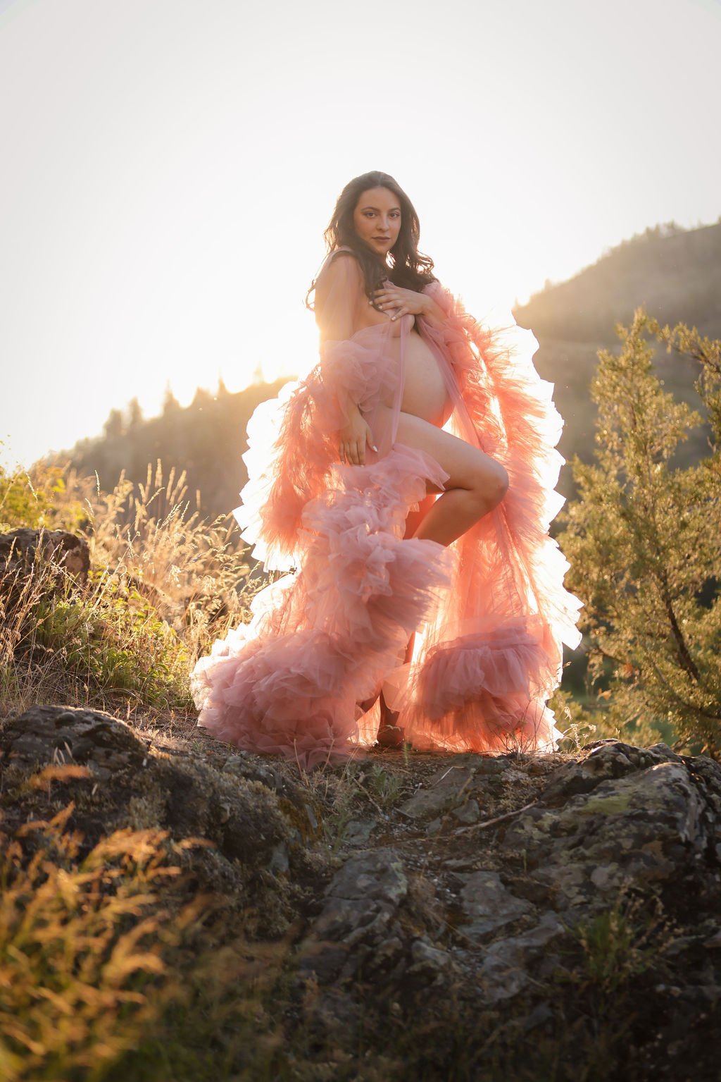 Gorgeous fluffy pink maternity gown on Montana mountain.jpg