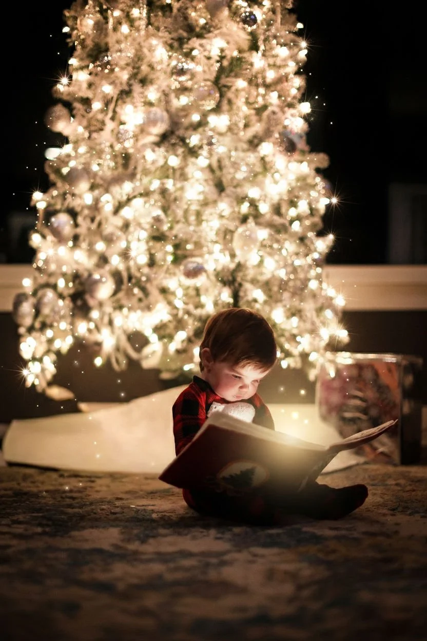 Young child holding a book in front of a Christmas tree with a magical glowy light coming from it.