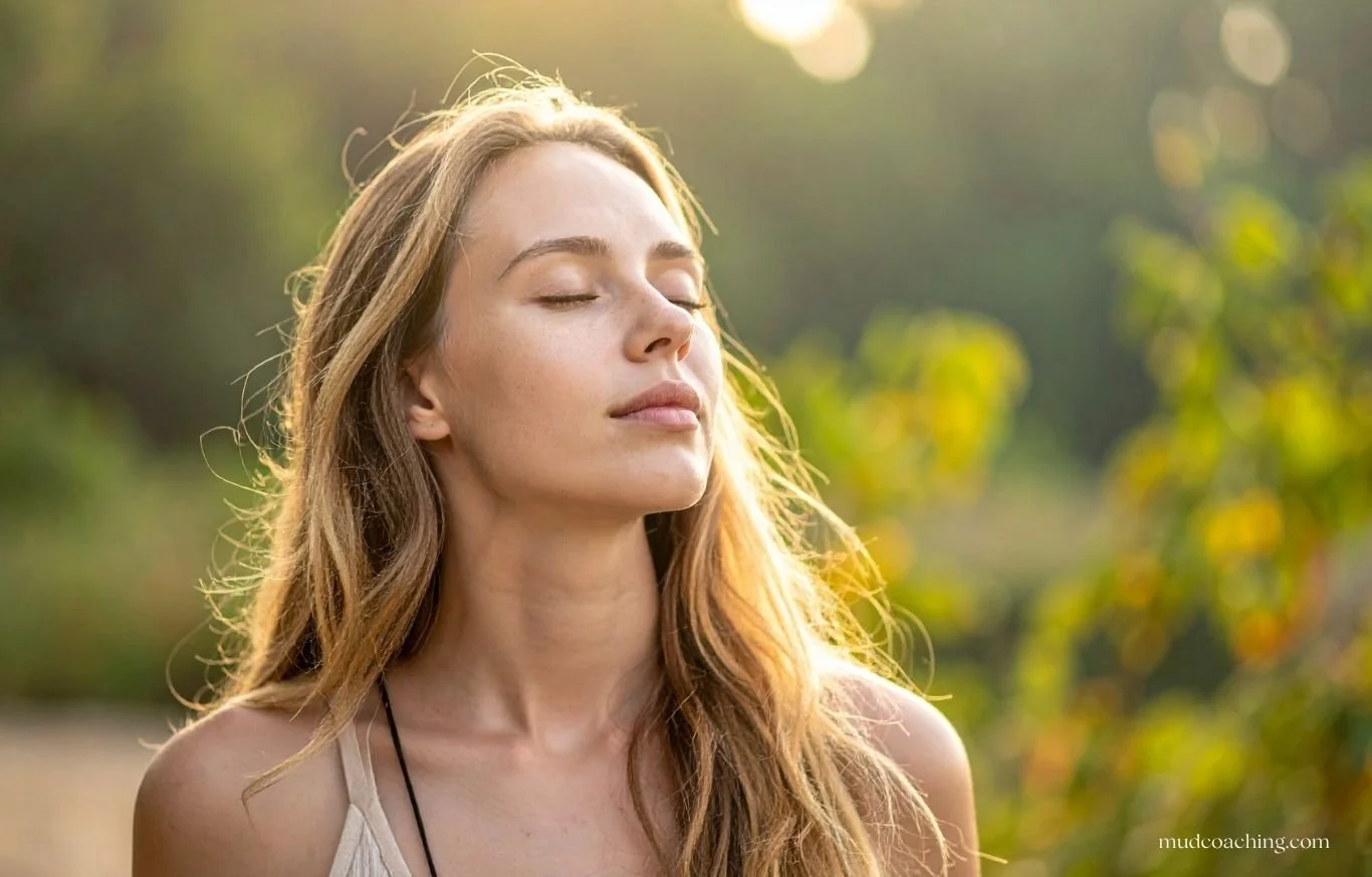 Woman with eyes closed and face lifted to the light, symbolizing acceptance, self-trust, and choosing herself after emotional neglect