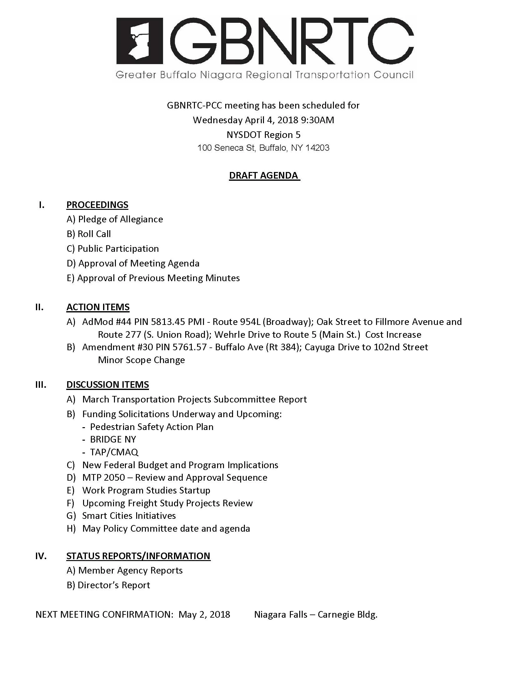 PCC Draft Agenda April 4, 2018