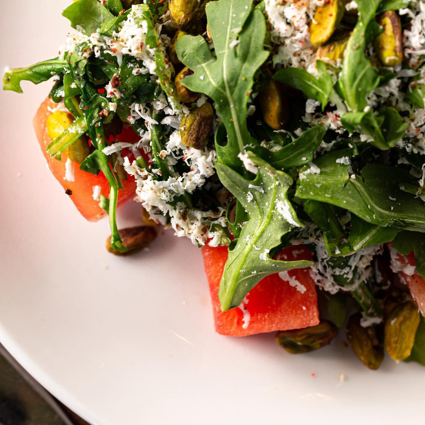 WATERMELON SALAD
Bed of Cubed Seedless Watermelon, Topped with Organic Wild Baby Arugula, Ricotta Salata, Bazzini Pistachios, Freshly Milled Pink Peppercorn, Maldon Salt, Frantoia Barbera Unfiltered Extra Virgin Olive Oil