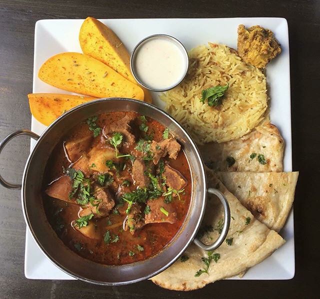 Aloo Gosht: marinated lamb/ red potatoes/ black cardamom/ clove