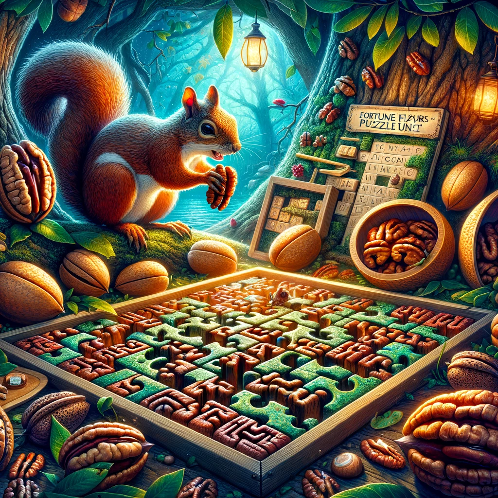 DALL·E 2023-12-20 10.41.47 - A scene depicting a _Pecan Puzzle Hunt_, using the _Fortune Favors_ style. The artistic style is dynamic, detailed, whimsical, yet sophisticated. The .png
