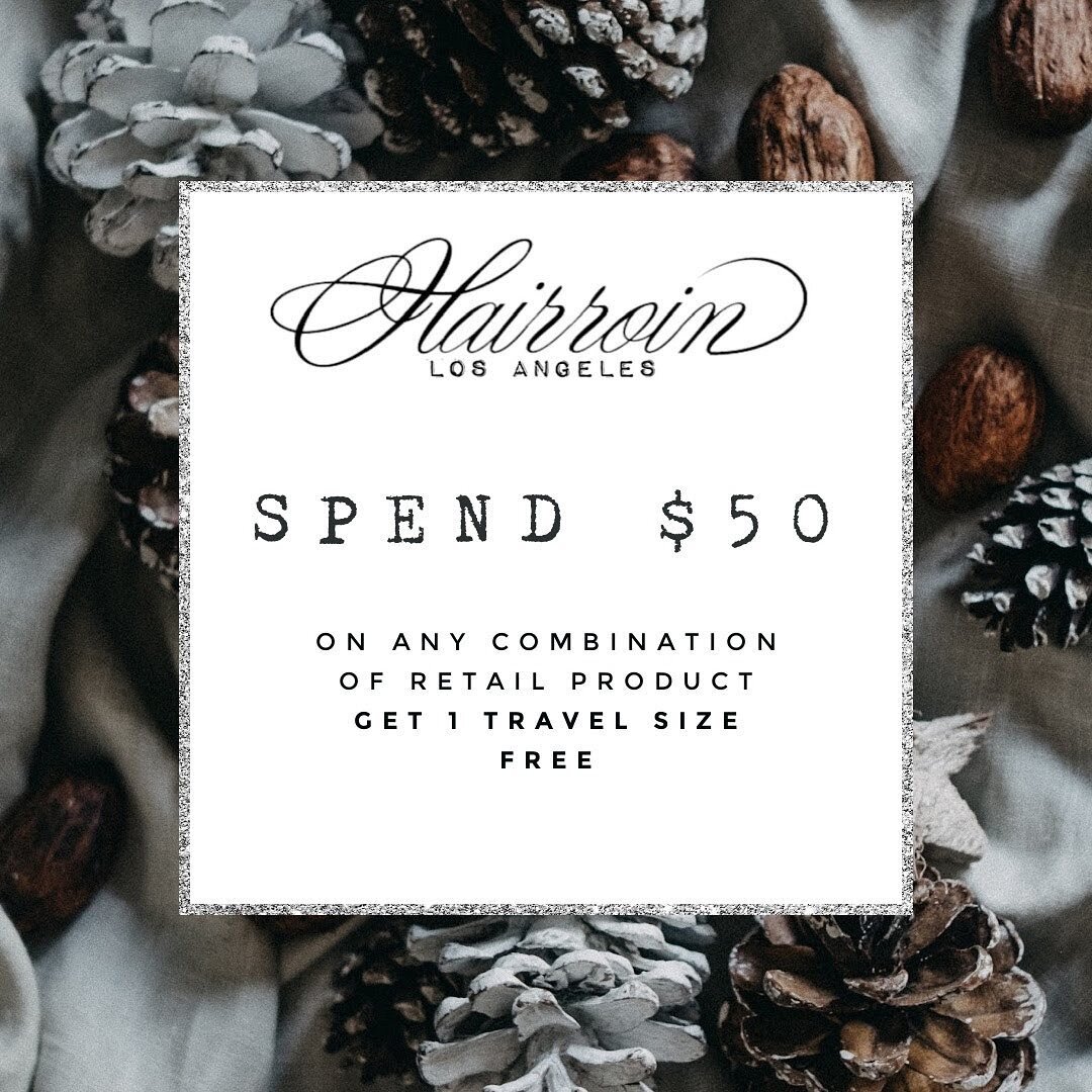 Spend $50 and get a freebie travel size on us!  All December long 🎄❄️ #hairroinsalon #supportsmallbuisness #losfelizsmallbusiness #losfelizsalon #losangelessalon #hairssalon #promo #holidaypromo