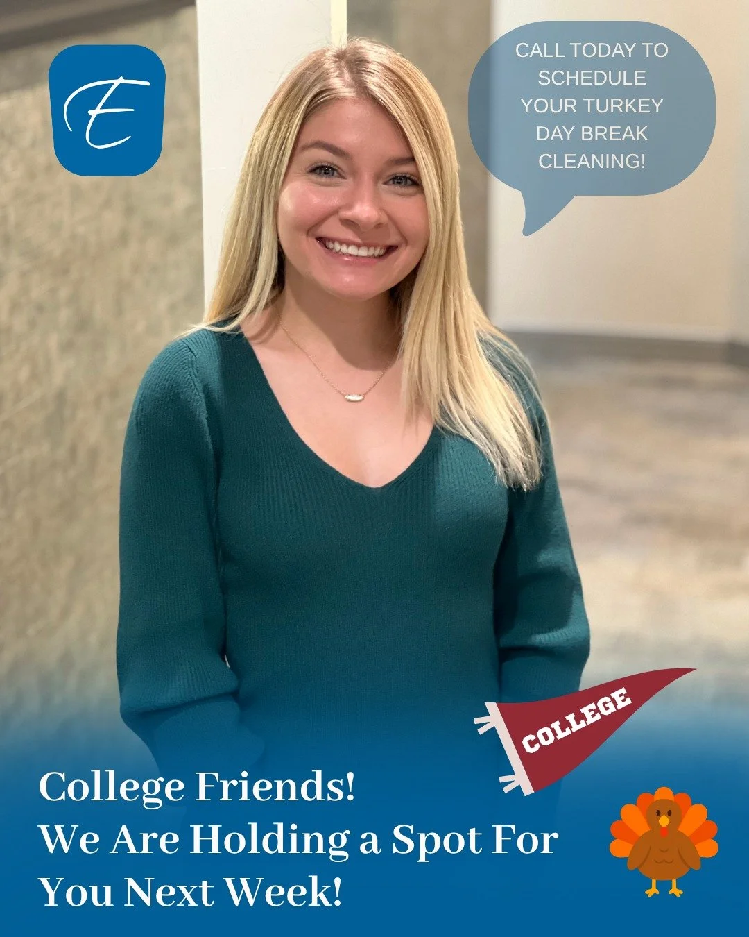 &quot;🍂 🦃 Home from college for Thanksgiving and ready to trade late-night  study snacks for a clean smile glow up? ✨🦷 We saved a few hygiene appointments just for our college crew.

Call and ask for Maddie or email her at scheduling@ellisdental.c