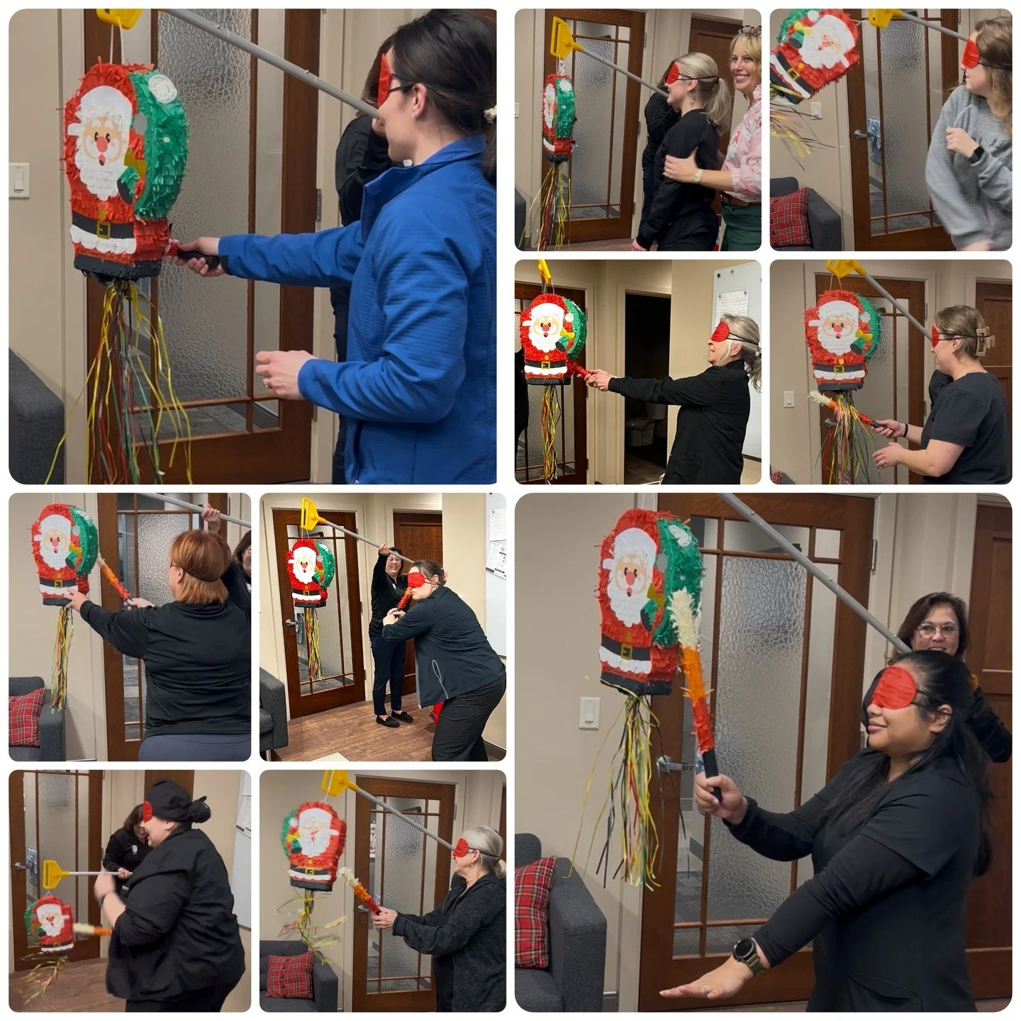 What an unexpected treat (and mini stress reliever) that Dougherty Orthodontics brought by.  Thank you! 

Lexi dealt the winning blow to the Santa pi&ntilde;ata which freed all the goodies that included chapstick, hair ties, pens, under-eye masks, an