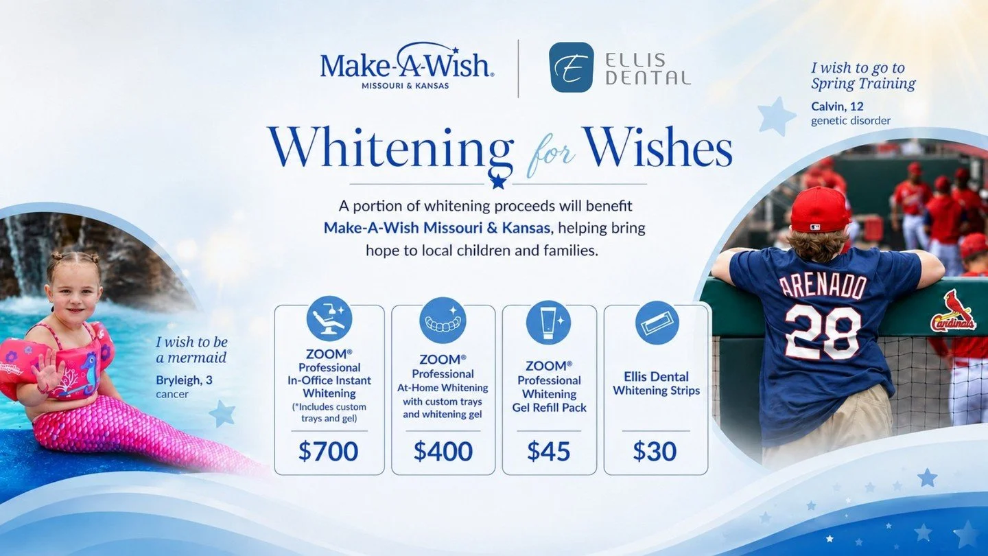 ✨ Brighten Your Smile. Help Grant Wishes. ✨

You'll see our Whitening for Wishes campaign on operatory monitors throughout Ellis Dental this summer! 💙⭐

We're proud to partner with Make-A-Wish Missouri &amp; Kansas, with a portion of whitening proce