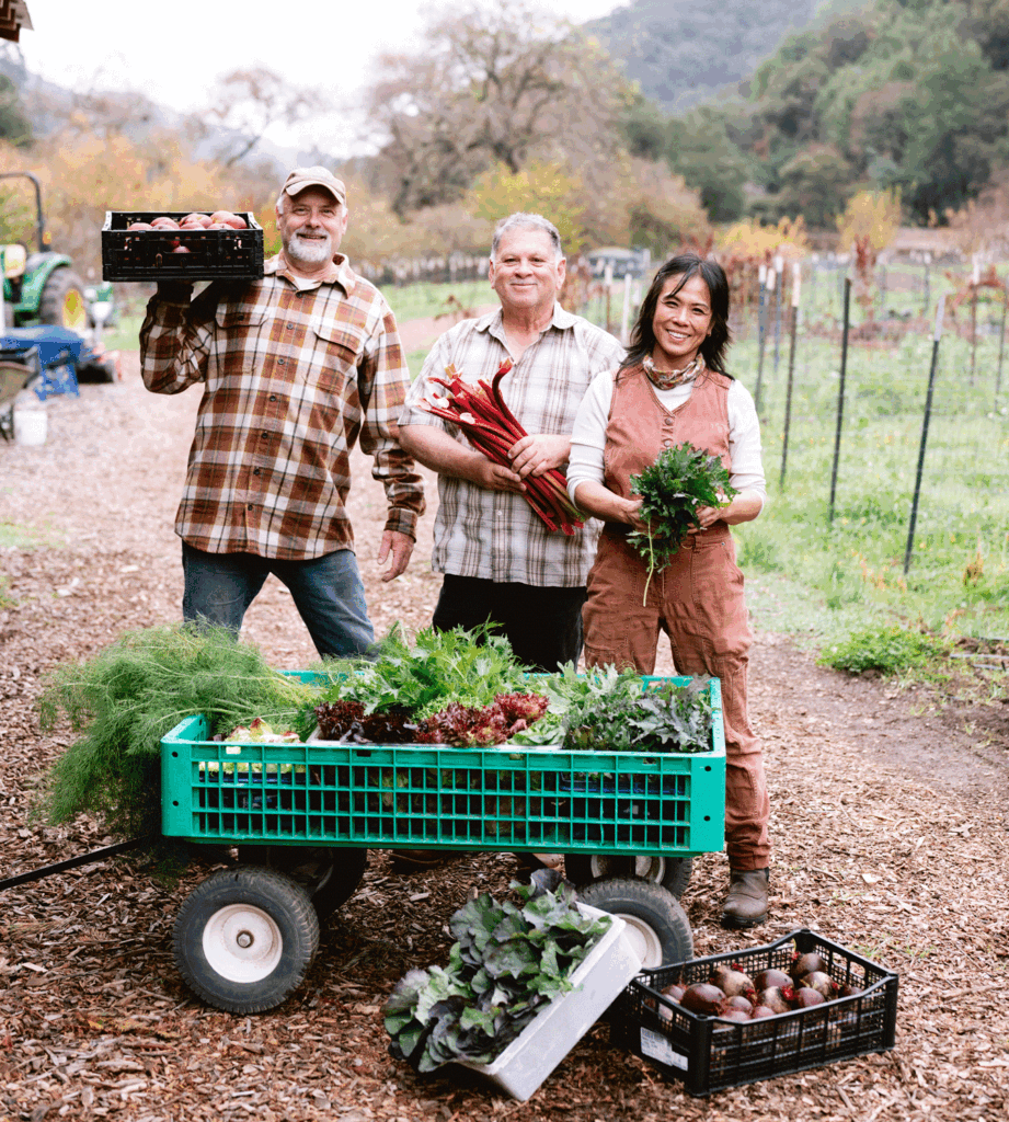 Top Hatters chef DanVy Vu (right) harvested along with farmers Scott Terry (left) and Curtis Kaul on a December morning at Stonybrook Canyon Farm.