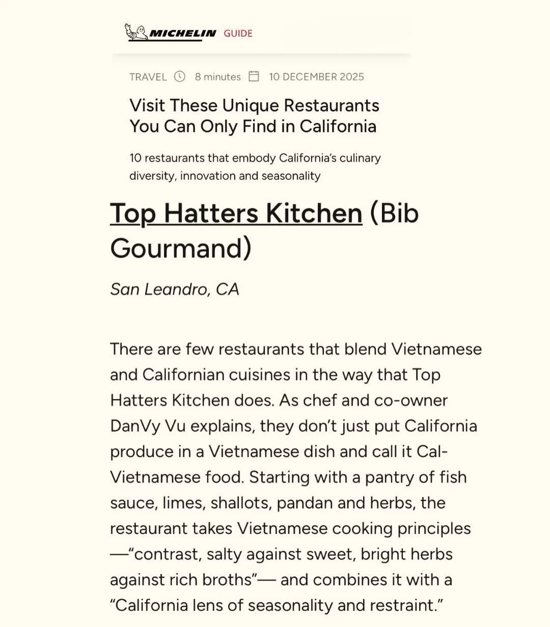 I&rsquo;m honored to be named in Michelin&rsquo;s recent guide highlighting 10 restaurants that embody California&rsquo;s culinary diversity, innovation, and seasonality. What meant most to me was getting to be one of the voices in the conversation a