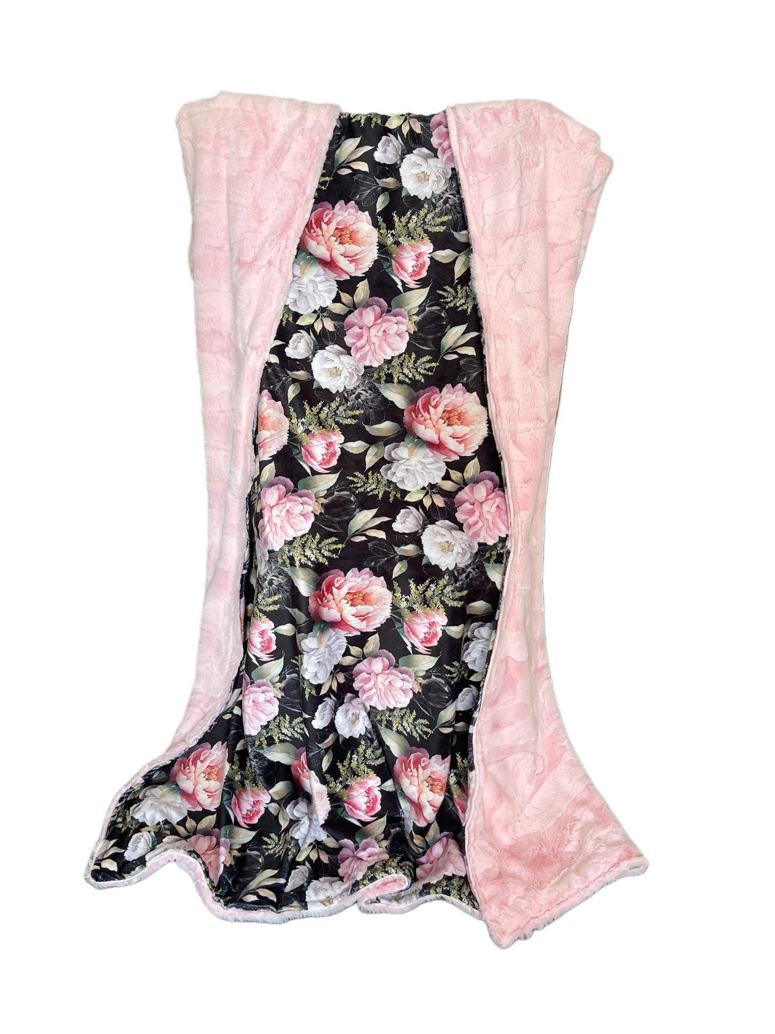 Black floral with pink lux minky Ultimate adult cuddler