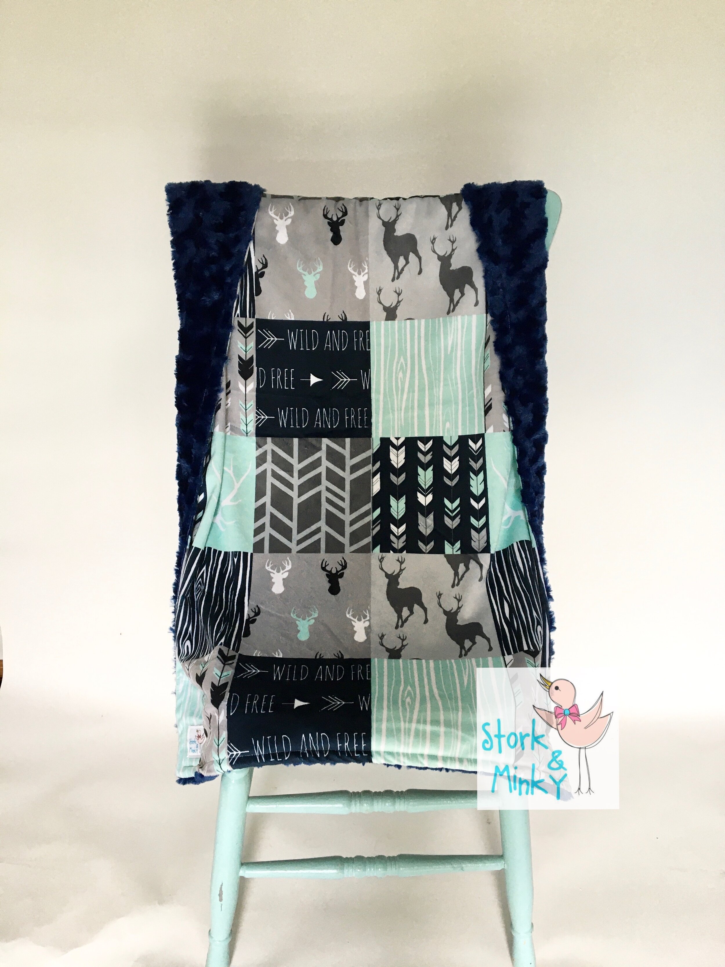 Infant aqua and grey deer patchwork blanket