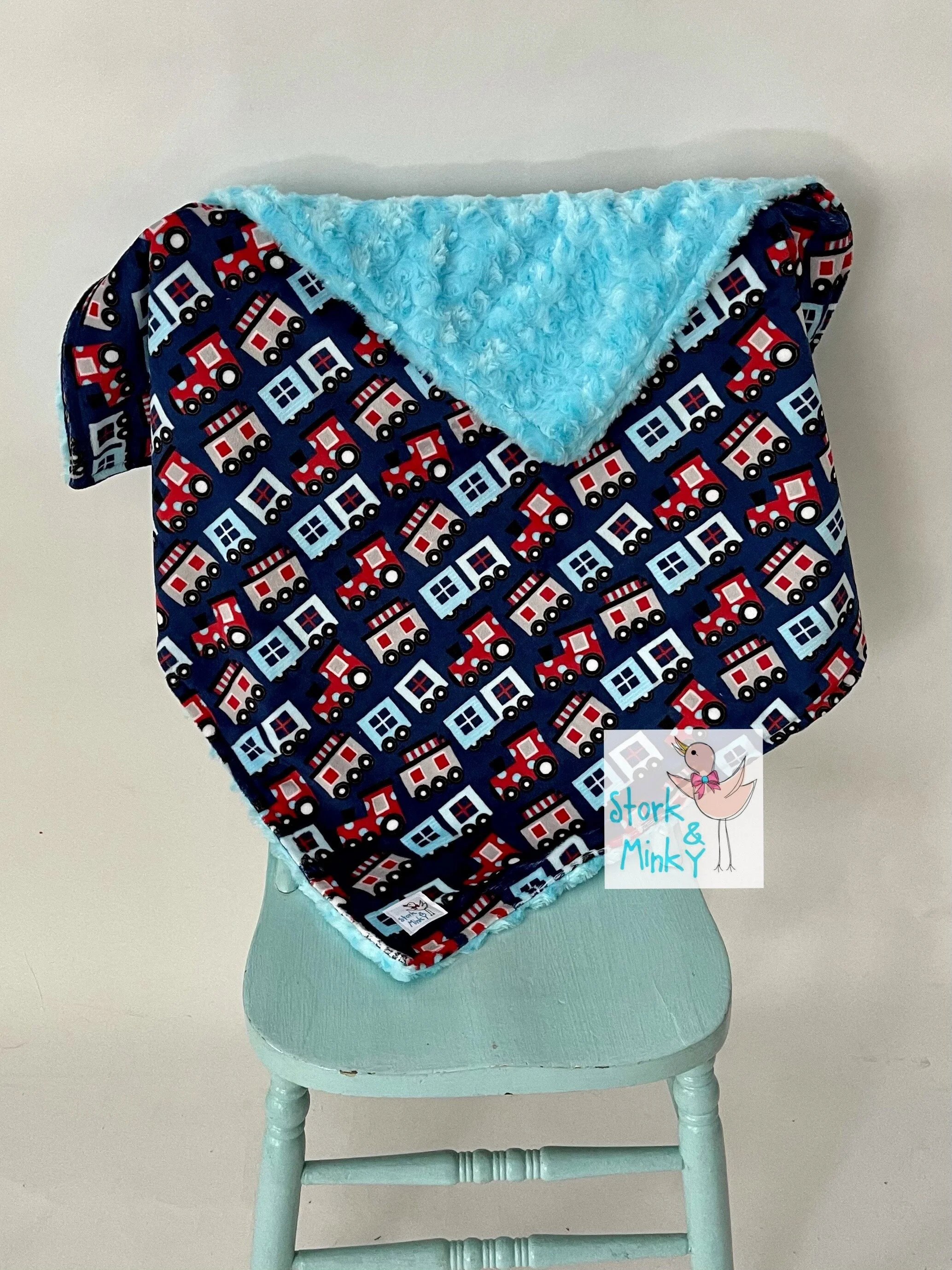 Trains with turquoise plush Minky Blanket