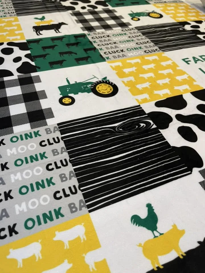 Yellow and green farm life Large minky blanket