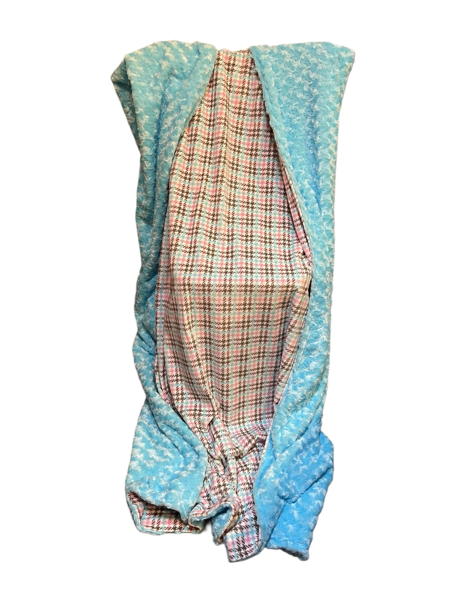 Pink and blue houndscheck with turquoise plush Minky Blanket