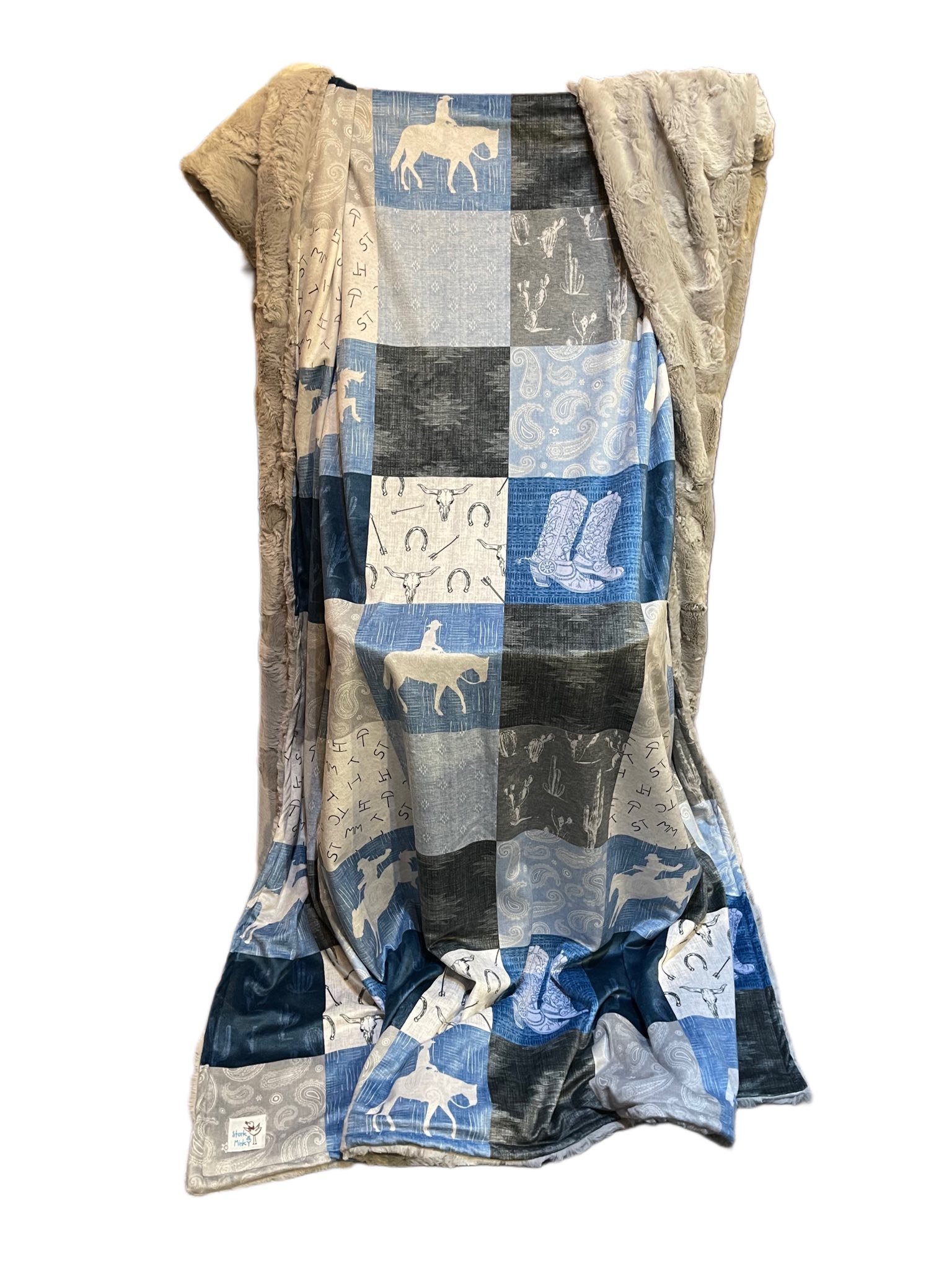 Blue and Grey Cowboy Large patchwork minky blanket