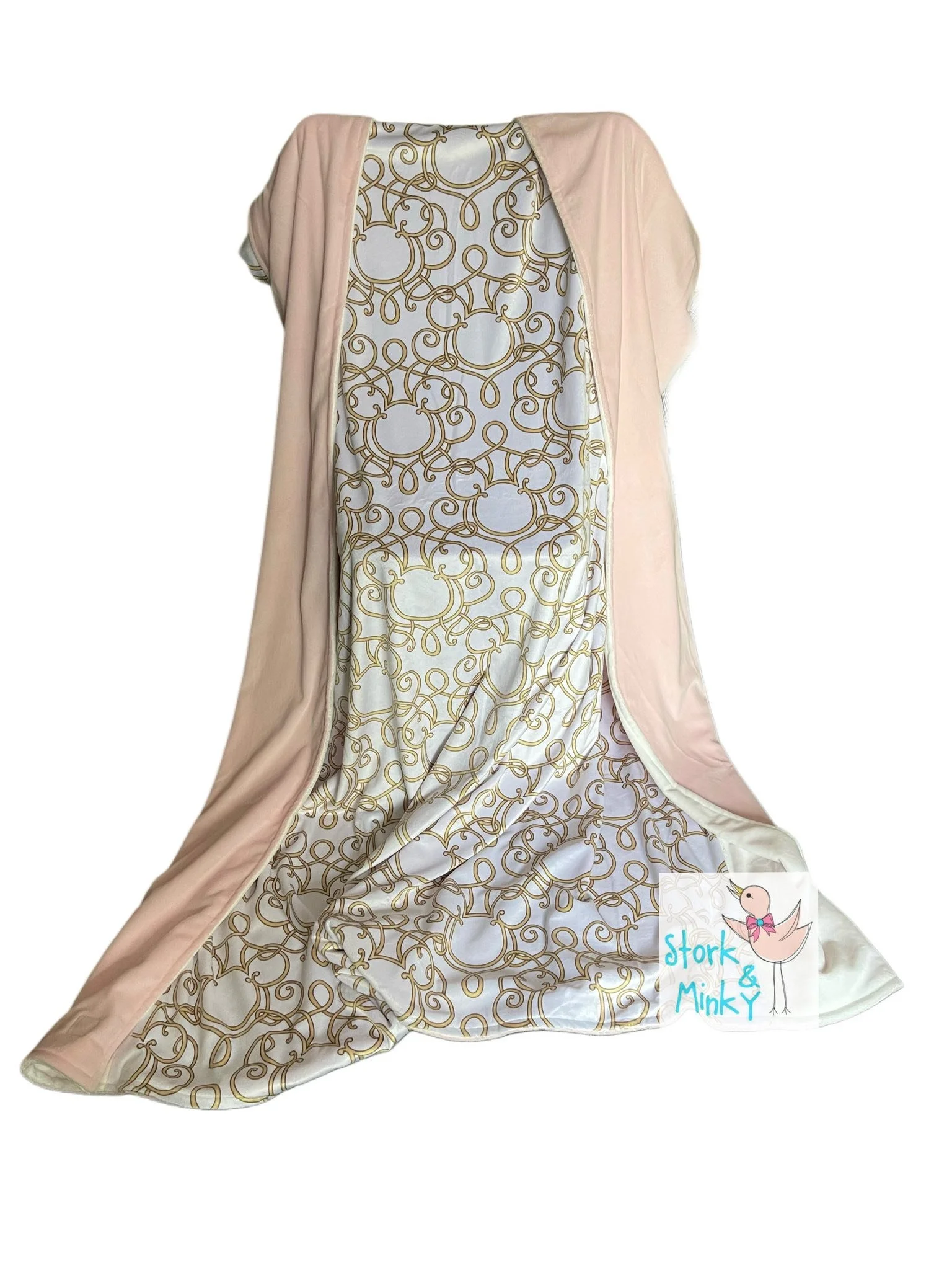 XL size Gold Mickey heads with pink flat Minky Blanket