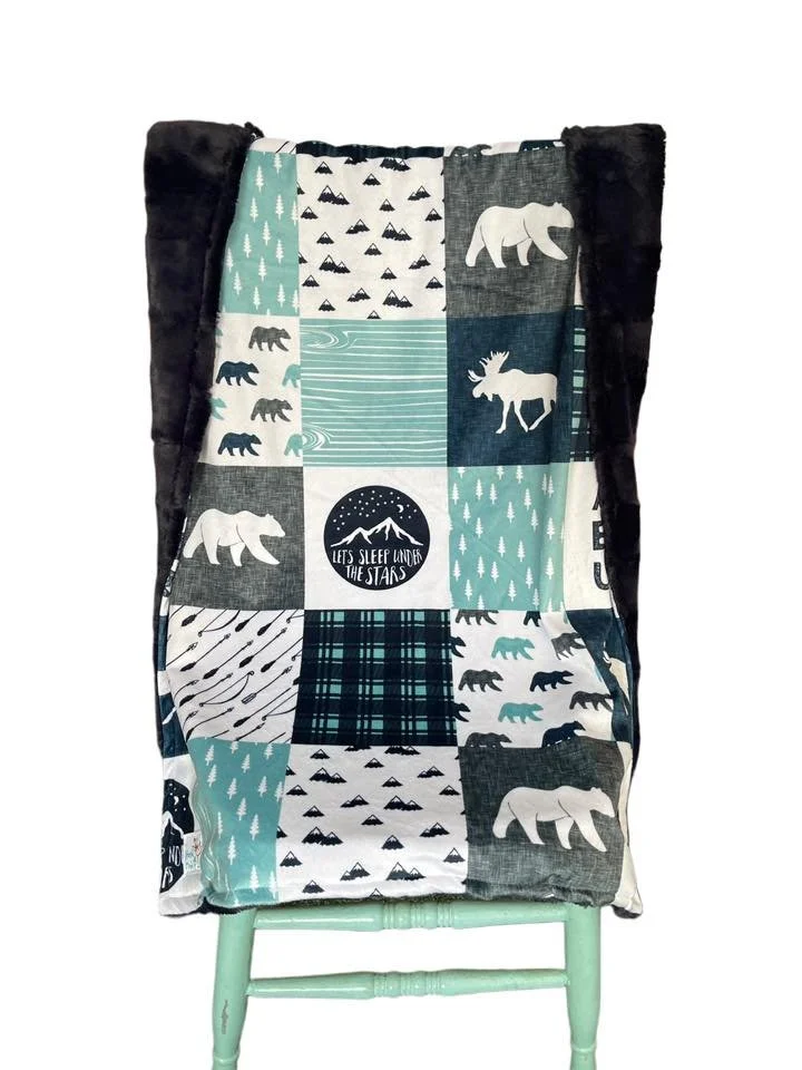 Infant aqua and navy moose patchwork blanket