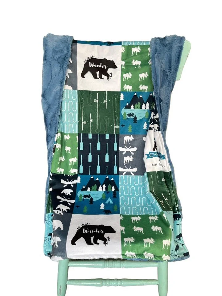 Infant green and blue bear patchwork blanket