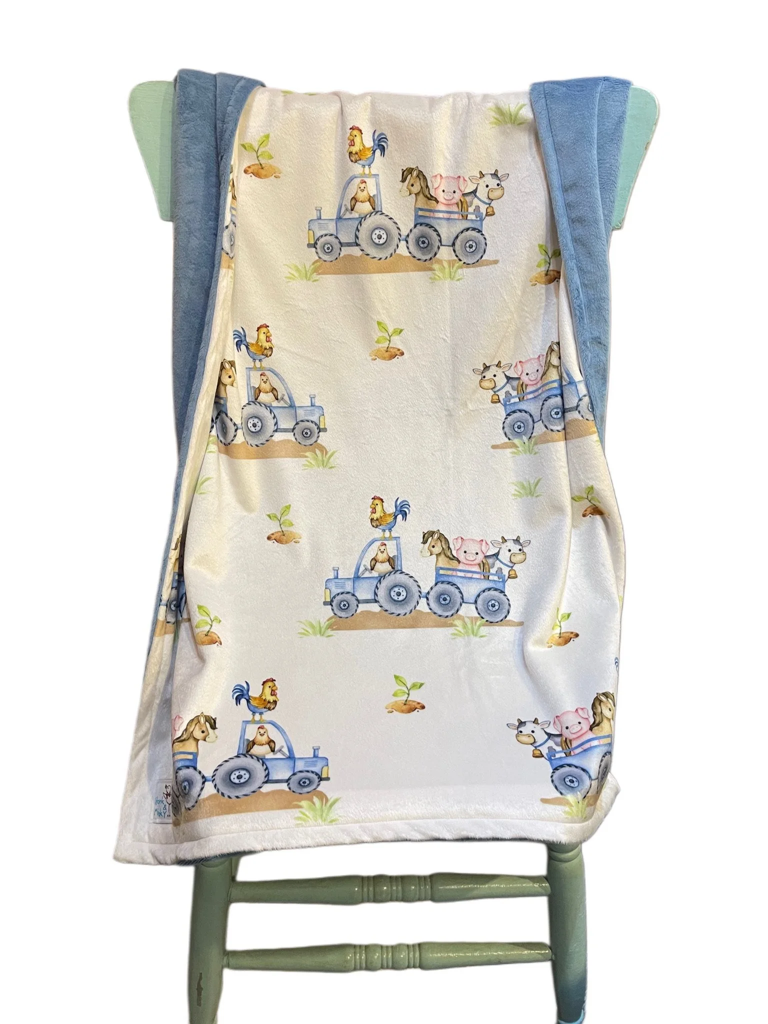 Infant blue farm wagon blanket