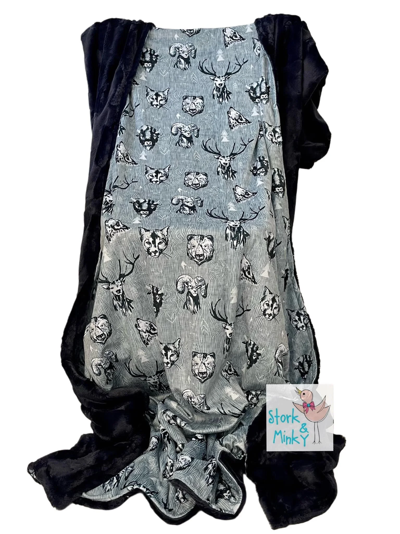 Navy wild animal heads with black plush Large minky blanket
