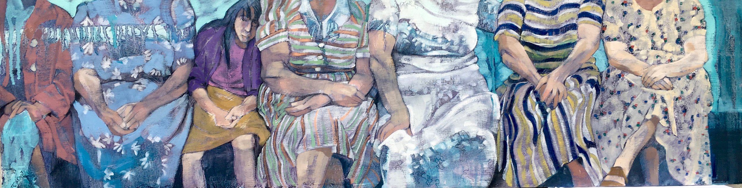  The Aunts  oil on birch panel with unique gray framing device/ 10x38 