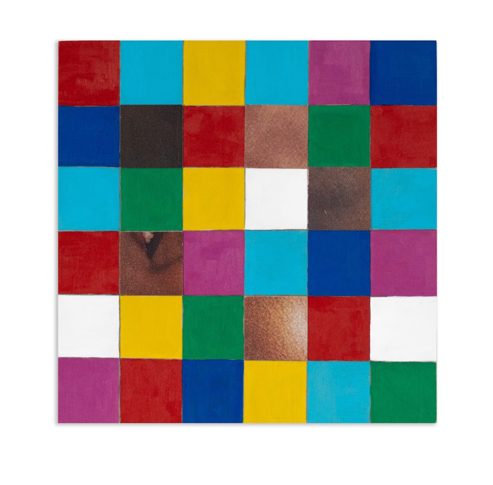 An artwork of tile grid, styled like a jigsaw puzzle. Tiles feature detailed images of human faces and RGB colors..