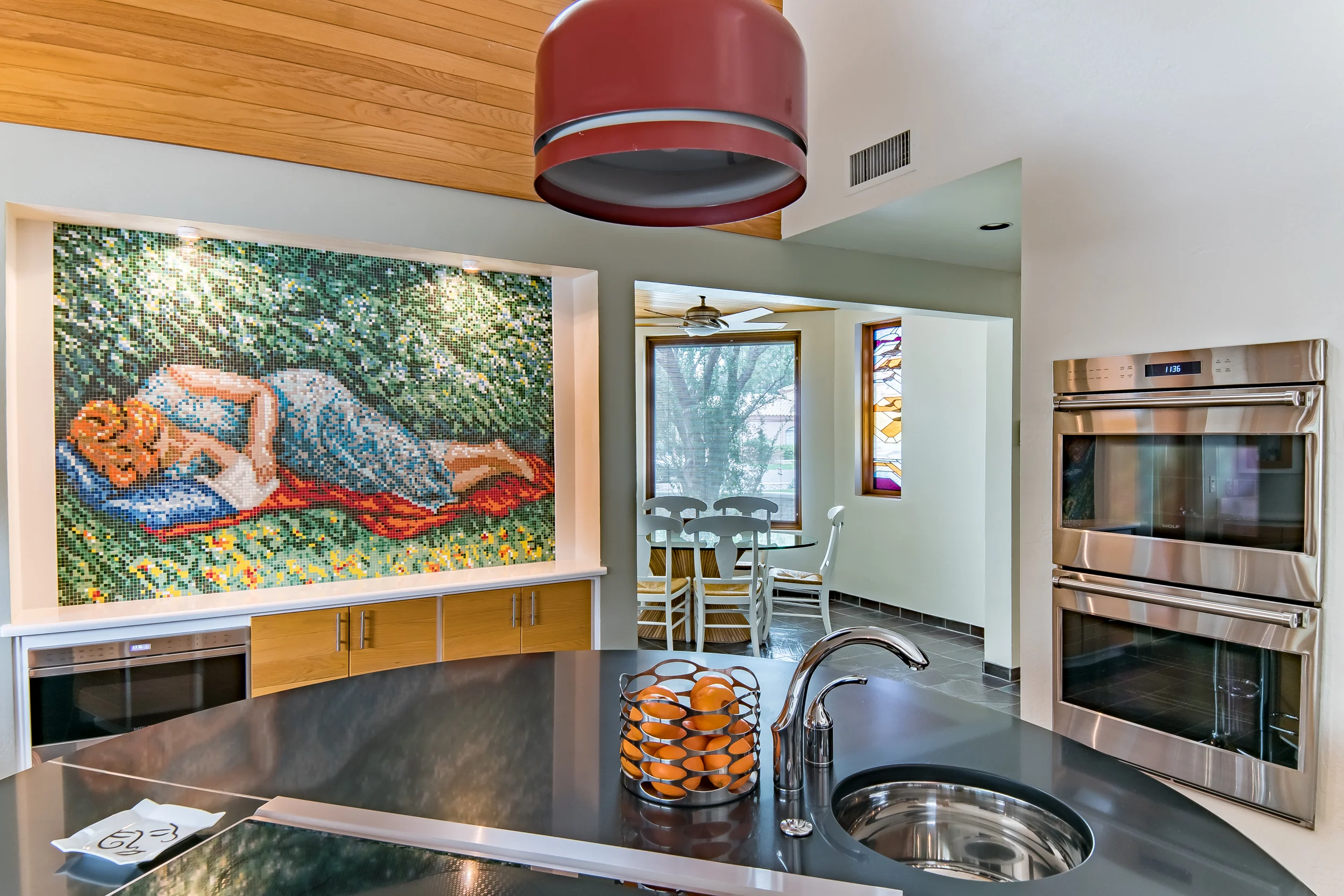   Vitreous glass tile micro mosaic, location kitchen, viewable from Family Room and other areas, concept and rendering created by Wendy Ackerman.  
