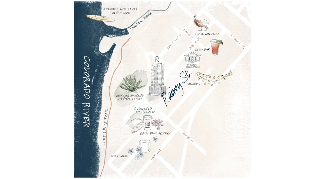 Commissioned by Matte Agency, Illustrations and Handwriting for 7o Rainey's neighborhood in Austin.
