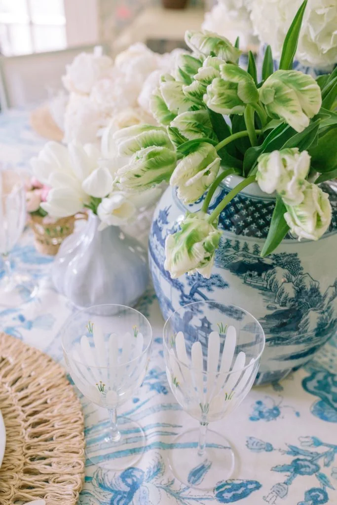 tablescape by amy berry / snap up these whimsical wine glasses from tory burch