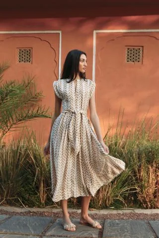 how darling is this golden bird block print dress ?