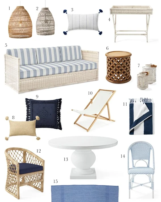 1. outdoor woven pendant 2. grey woven pendant 3. striped pillow cover 4. weather friendly wicker bar cart 5. Pacifica sofa in stripe 6. basketweave outdoor side table 7. rattan hurricane 8. tassel pillow cover 9. textured pillow cover 10. teak sling chair 11. striped beach towel 12. outdoor dining chair 13. pedestal table 14. outdoor bistro chair 15. hand-woven rug