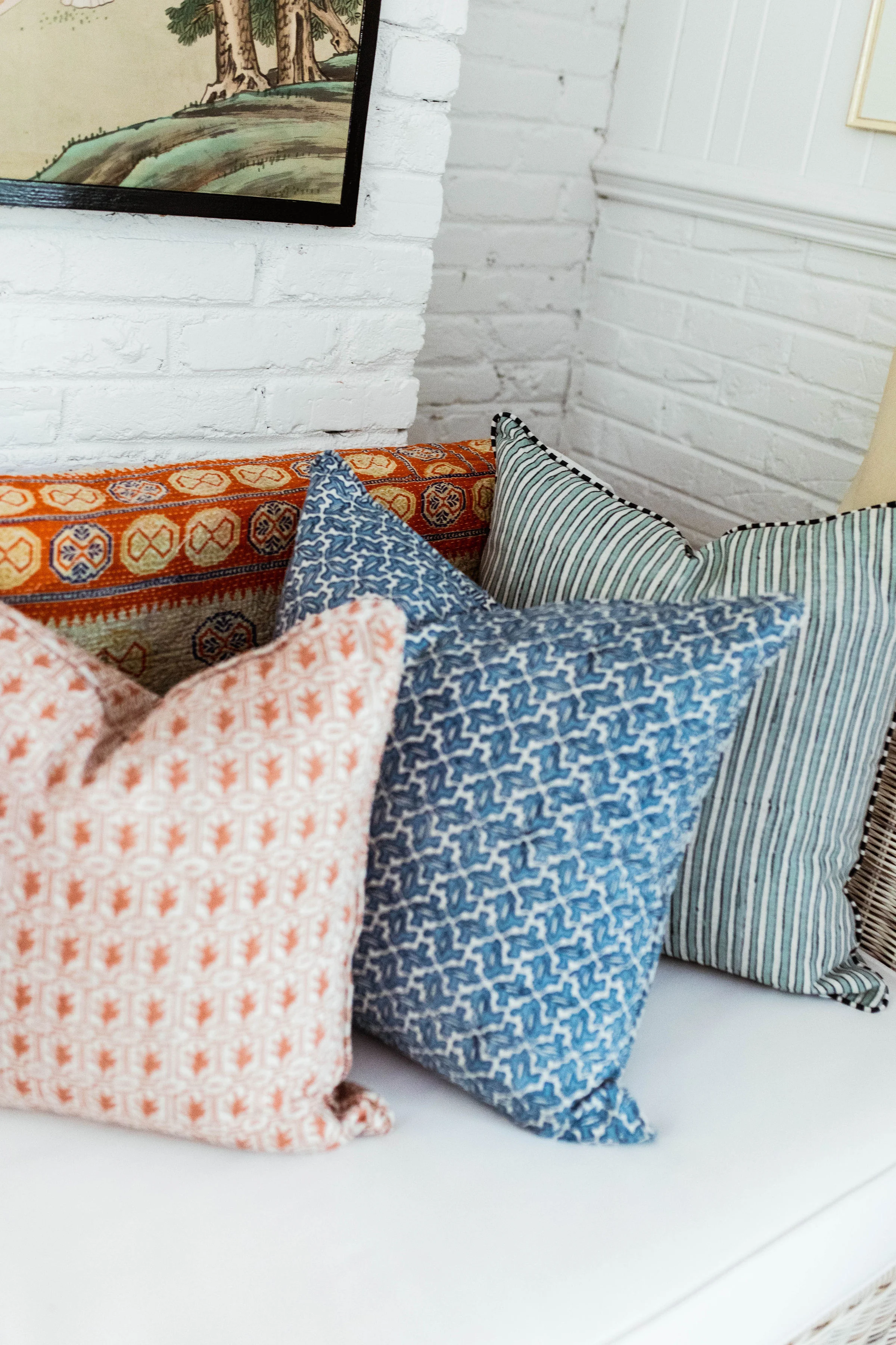 this blue and white watercolored stripe pillow is perfection!