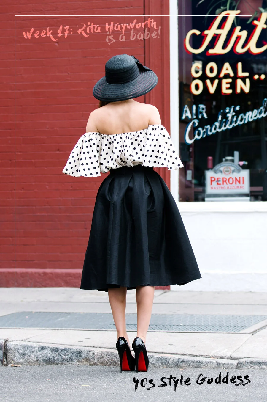 Pastiche of Rita Hayworth in black skirt and a polka dot shirt. Photos by DCPNYC.