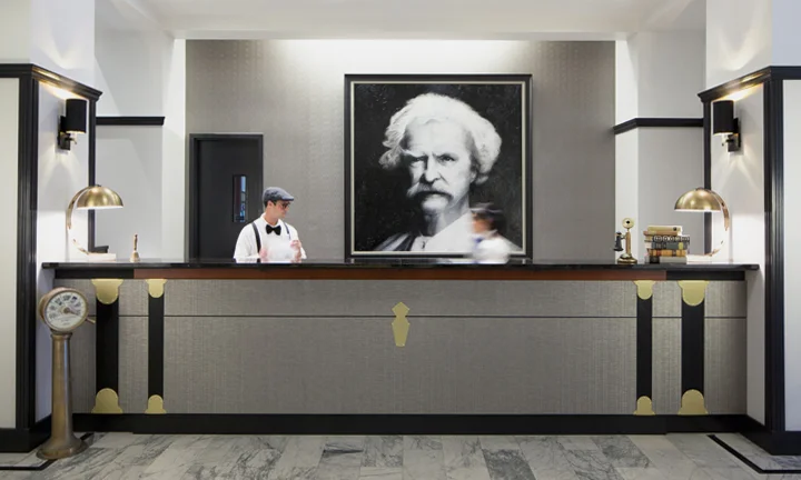 Mark Twain Hotel reception desk in San Francisco, CA - Anthony Laurino Design
