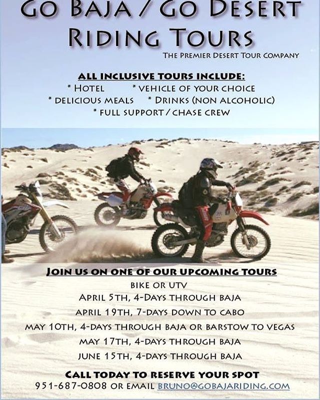 Who is ready for an exciting adventure? Mark your calendar because Go Baja Riding Tours has upcoming dates with spots available. Our tours are all inclusive, all you need to do is sign up and show up ready to ride. Give us a call or email us to reserve your spot. 951-687-0808 or bruno@gobajariding.com