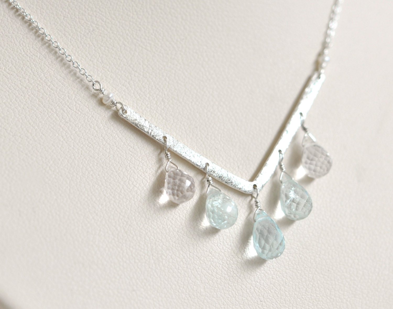Gemstone Necklace Baby Blue Necklace March Birthstone Jewelry Aquamarine Necklace Sterling Silver Necklace Seed Pearls Chevron Necklace