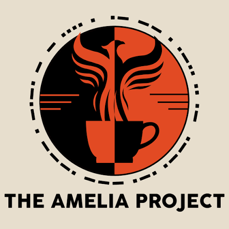 An orange and black circle with a dual image of a phoenix rising from a cocoa mug in alternating colors, surrounded by a message in morse code above the words The Amelia Project.