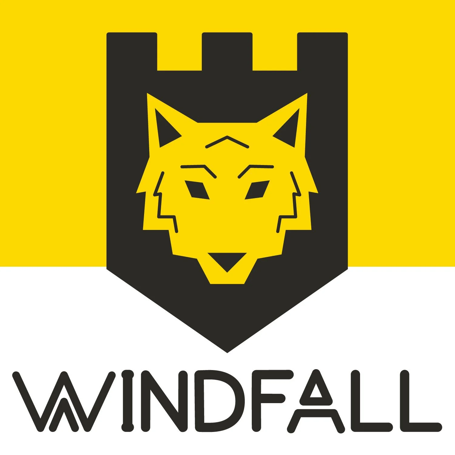 A yellow and white square with a wolf's head on top of a black castle rampart above the word WINDFALL in black.