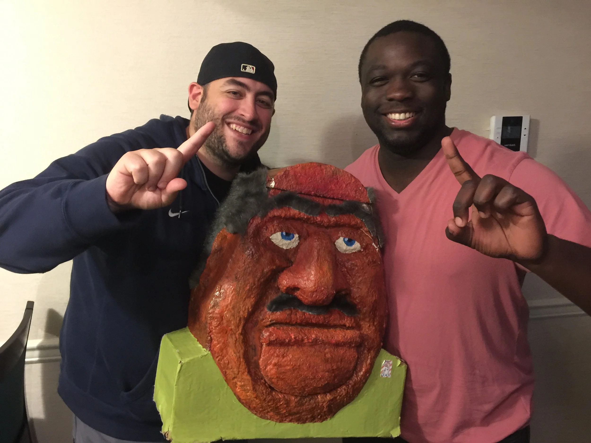 Barroso (left) and Smith (right) celebrate with Big Head.