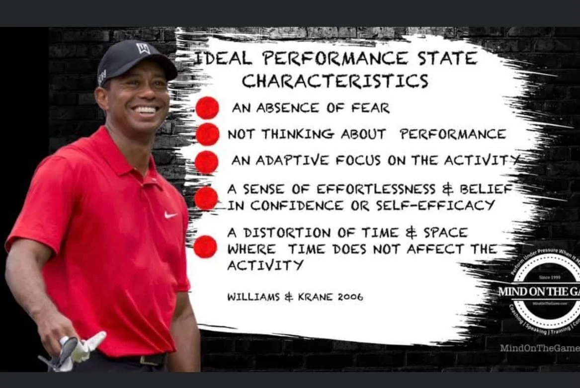 Interesting breakdown of the ideal performance state.

Look at the characteristics:

&bull; Absence of fear
&bull; Not thinking about performance
&bull; Adaptive focus
&bull; Effortless confidence
&bull; Distortion of time

Notice what&rsquo;s missin