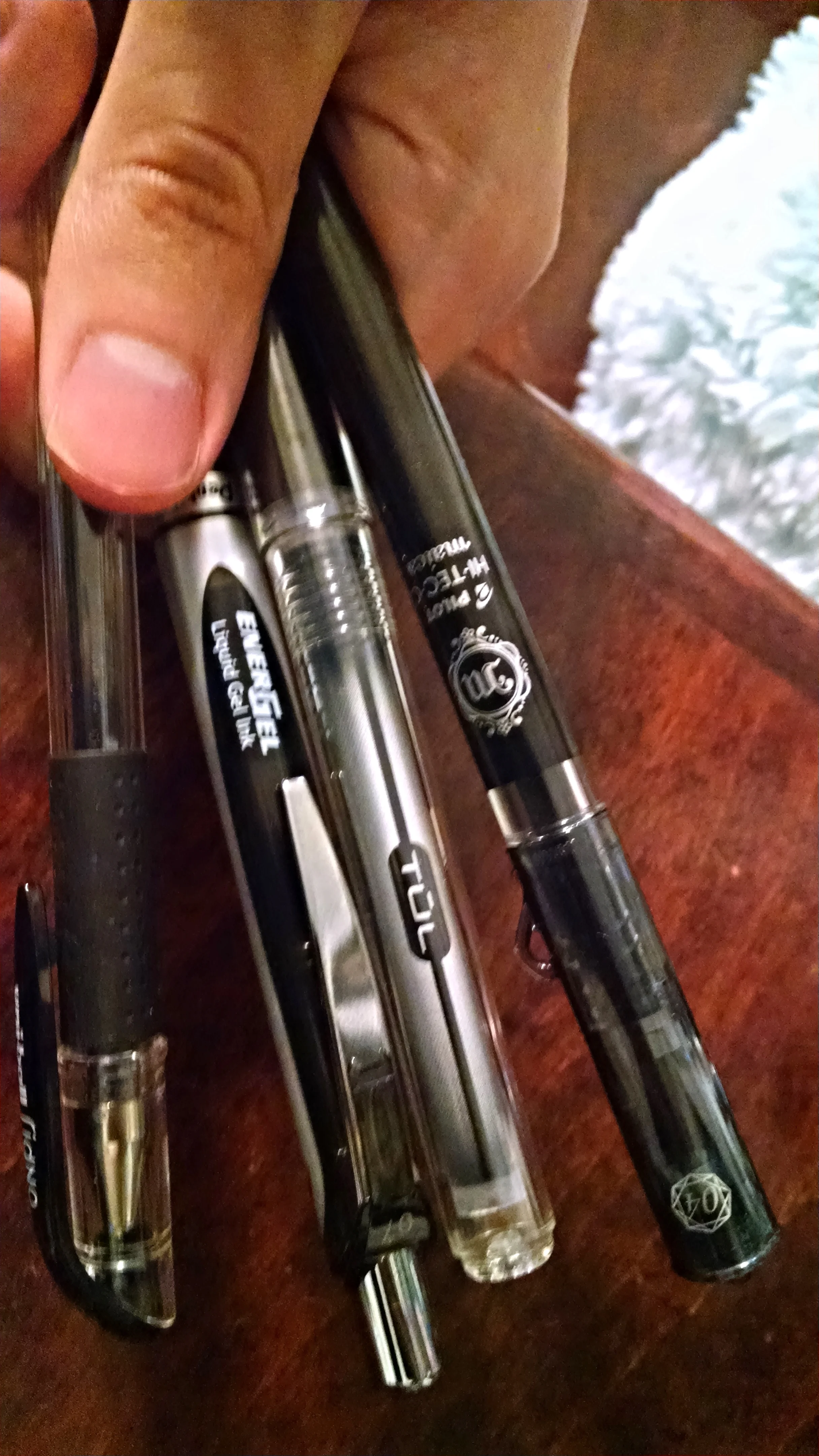 Left to right: Uniball Signo DX, Pentel Energel, TUL, Pilot Hi-Tec-C